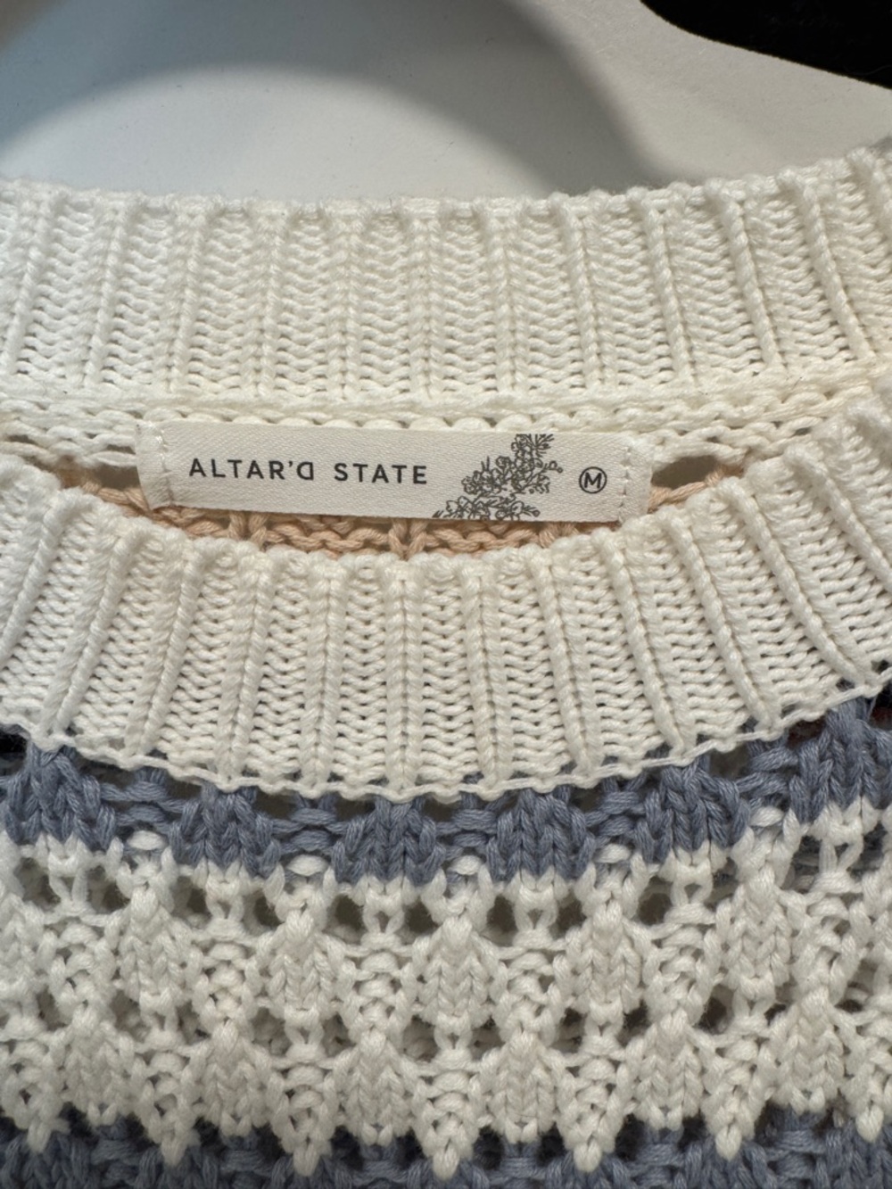 Altar'd State White Open-Knit Striped Crewneck Sweater - Picture 3 of 4
